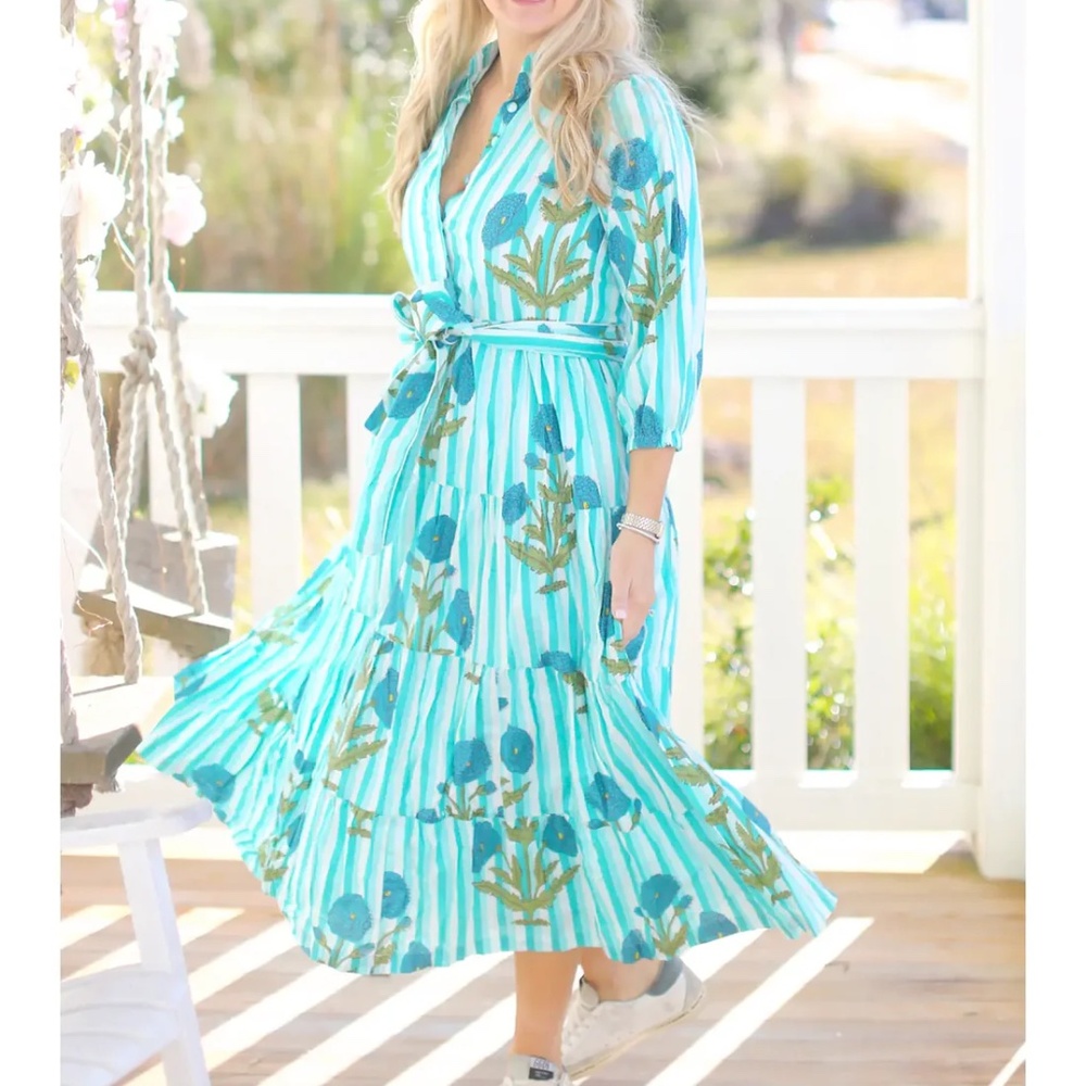 Breezy Striped Floral Midi Dress - Turquoise